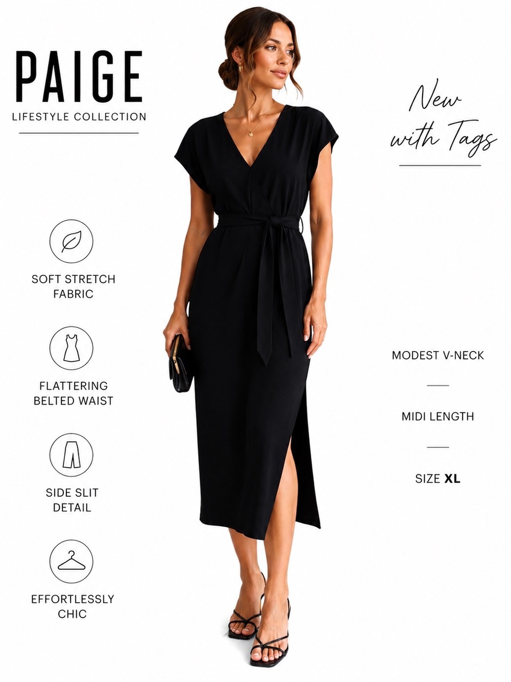 Paige black dress stretch longline midi modest with belt and side slit XL nwt